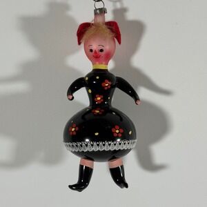 Vintage Glass Doll Christmas Ornament Black Floral Dress Red Hair Cute Face